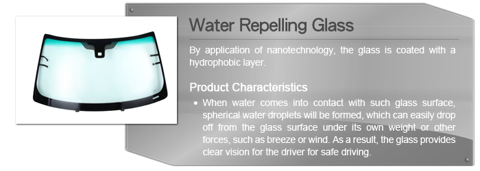 Water Repelling Glass - By application of nanotechnology, the glass is coated with a hydrophobic layer.