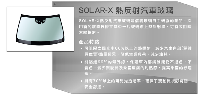 SOLAR-X 熱反射汽車玻璃 - SOLAR-X熱反射汽車玻璃是信義玻璃自主研發的產品，採用新的鍍膜技術在其中一片玻璃鍍上熱反射膜，可有效阻隔太陽輻射。